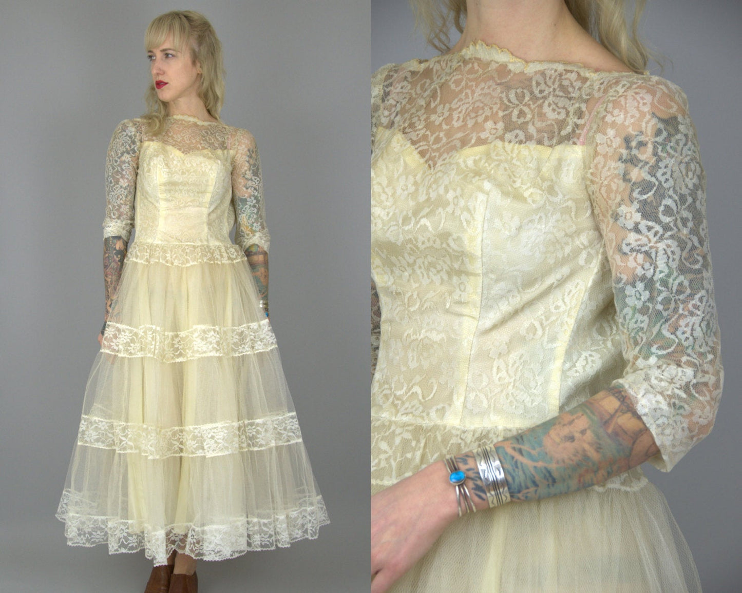 1950s Wedding Dress Ivory Lace Cupcake Tulle Wedding Dress XS