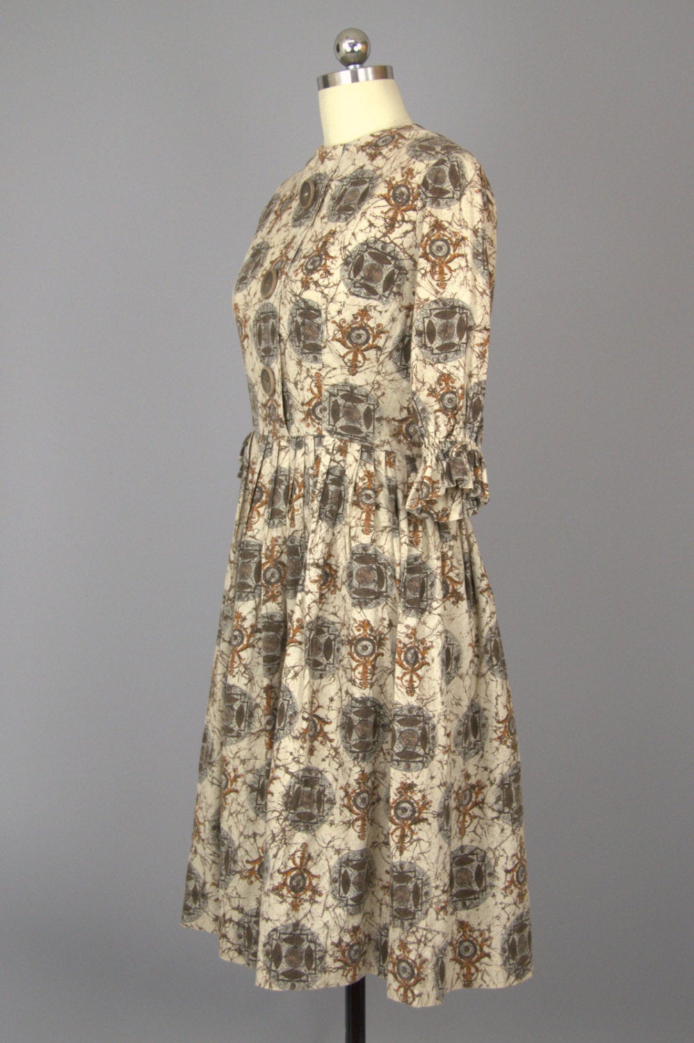 1950s Mosaic Day Dress Harvest Print Big Wood Button Dress