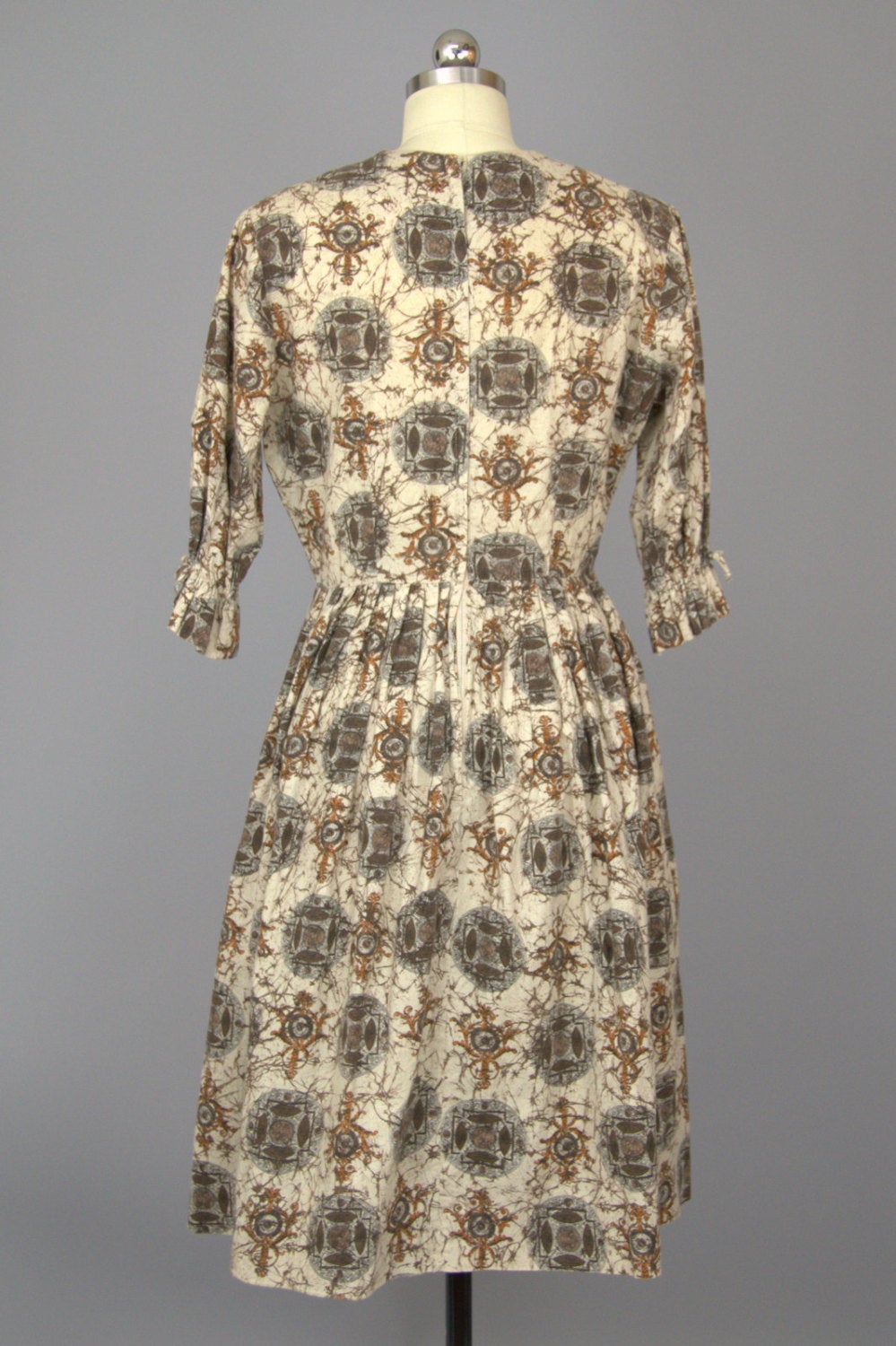 1950s Mosaic Day Dress Harvest Print Big Wood Button Dress