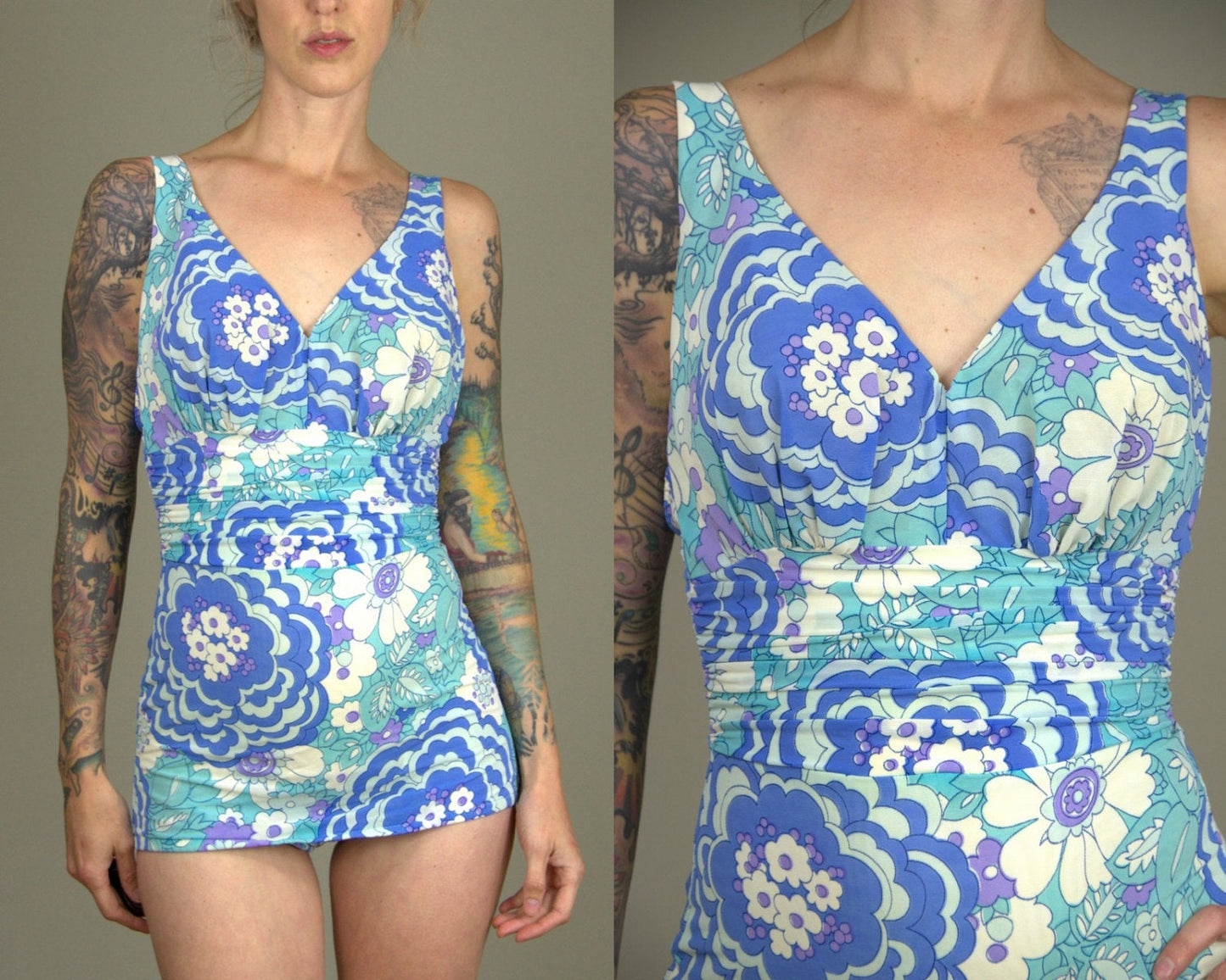 60s Skirted Swimsuit Catalina Psychedelic Bombshell Mod Bright Pop Art Floral Open Back Beach Party Swimsuit