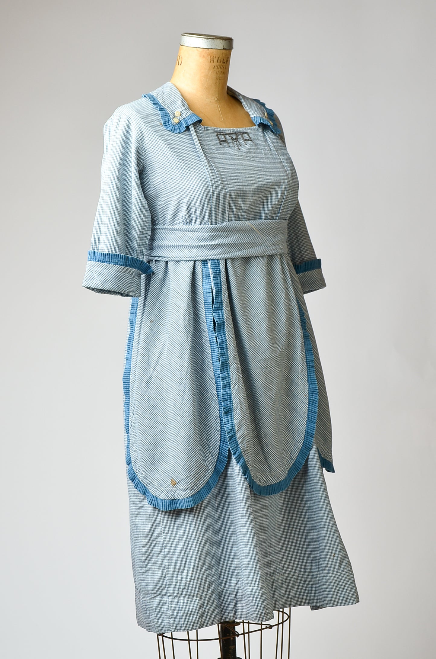 Vintage Edwardian Dress Indigo Blue & White Plaid Cotton Prairie Dress