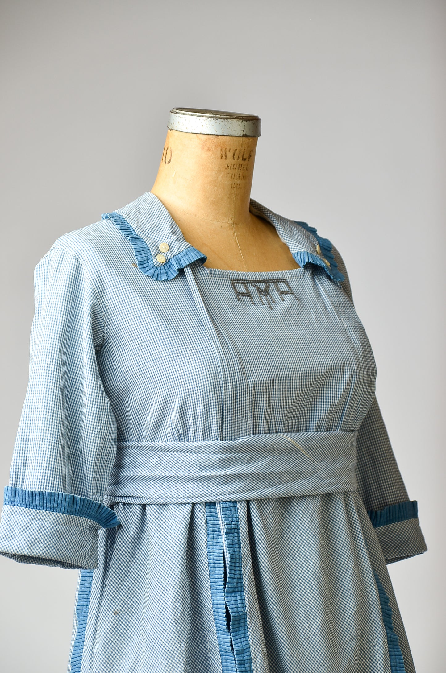 Vintage Edwardian Dress Indigo Blue & White Plaid Cotton Prairie Dress