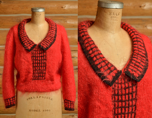 1970s does 1920s Mohair Sweater Red Knit Fuzzy Sweater