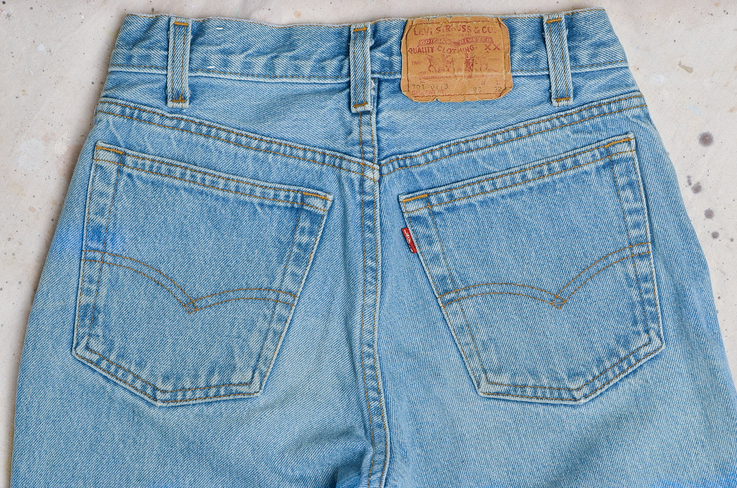 1980s Levis 701 Drain Pipe Made in USA Button Fly Blue Denim Punk Jeans 26 x 32