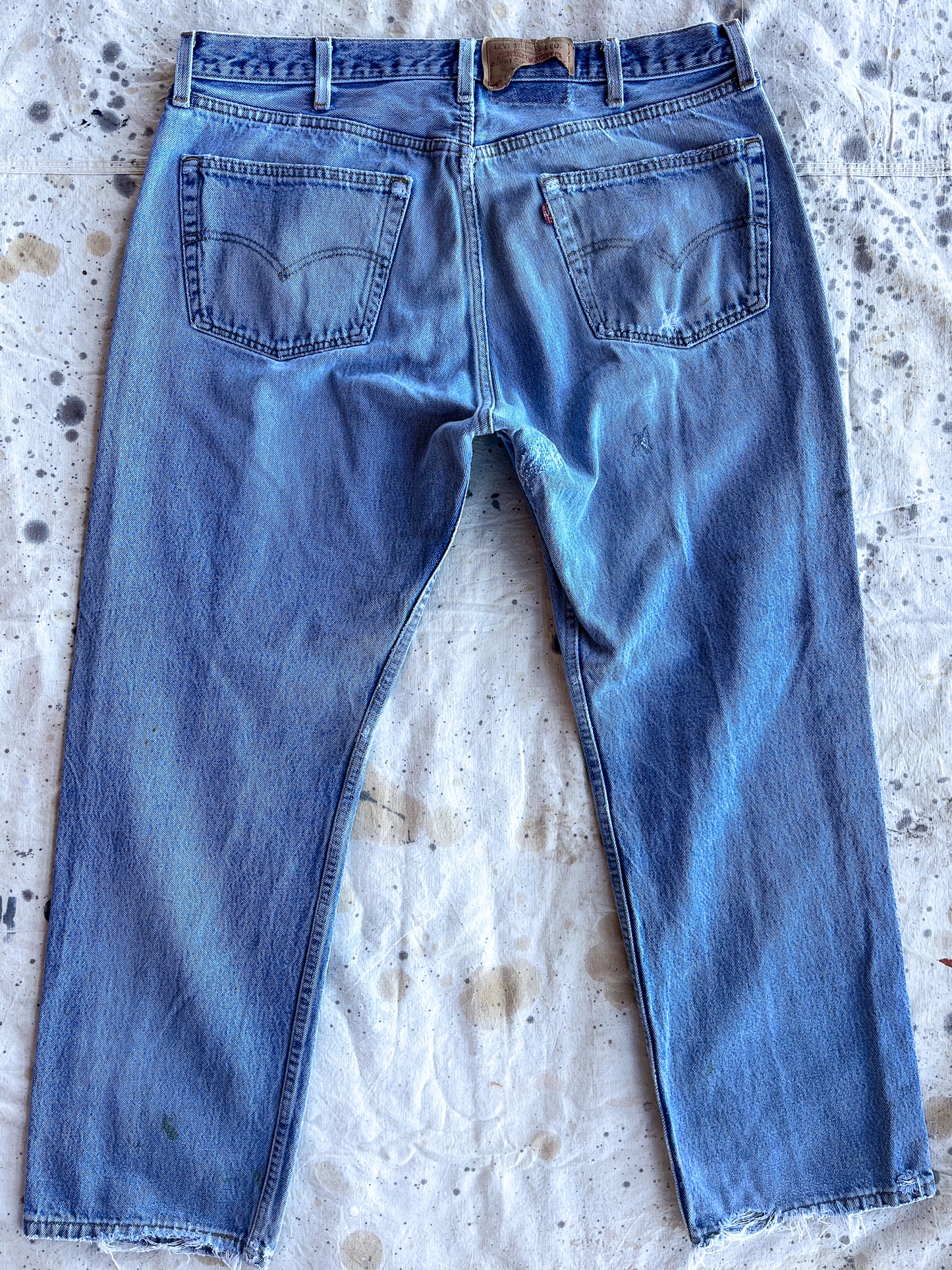 1980s Levis 501 Button Fly Made in USA Distressed Blue Denim Jeans 36 x 29