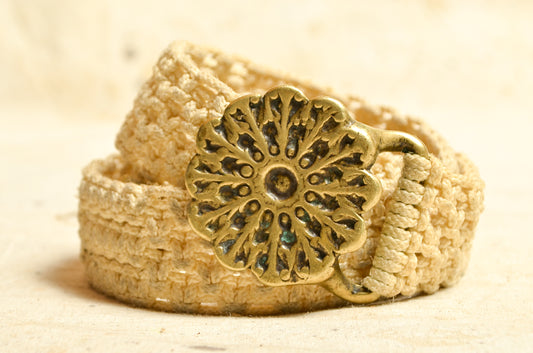 1970s Brass Marigold Buckle with Macrame Hippie Belt