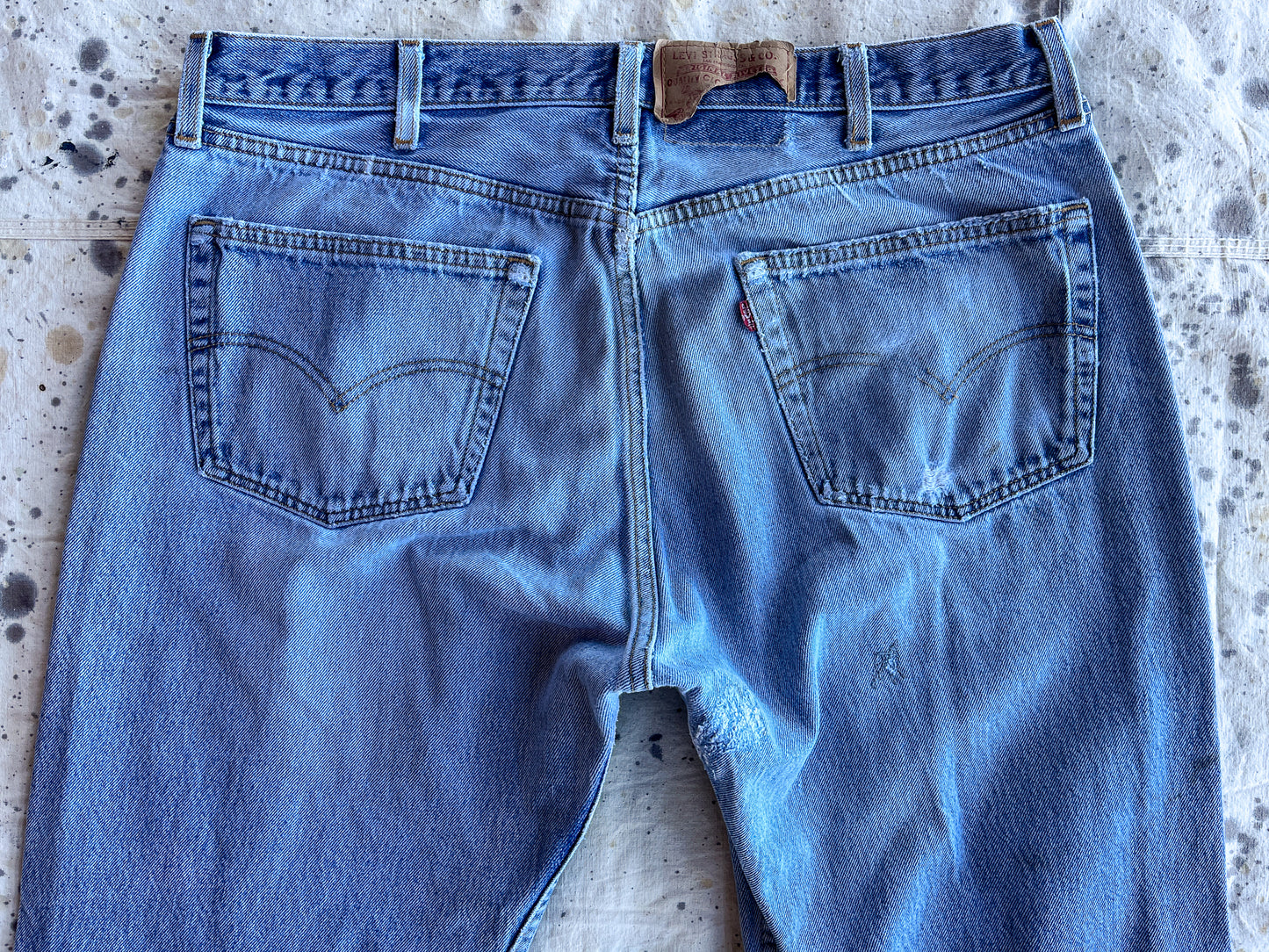 1980s Levis 501 Button Fly Made in USA Distressed Blue Denim Jeans 36 x 29