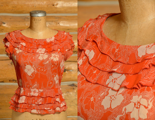 Vintage Silk Poppy Print Flapper Style Bohemian Blouse