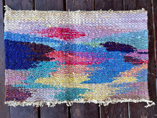 1970s Hand Loomed Rug Hippie Handmade Pastel Wool Fiber Art 27" x 17"