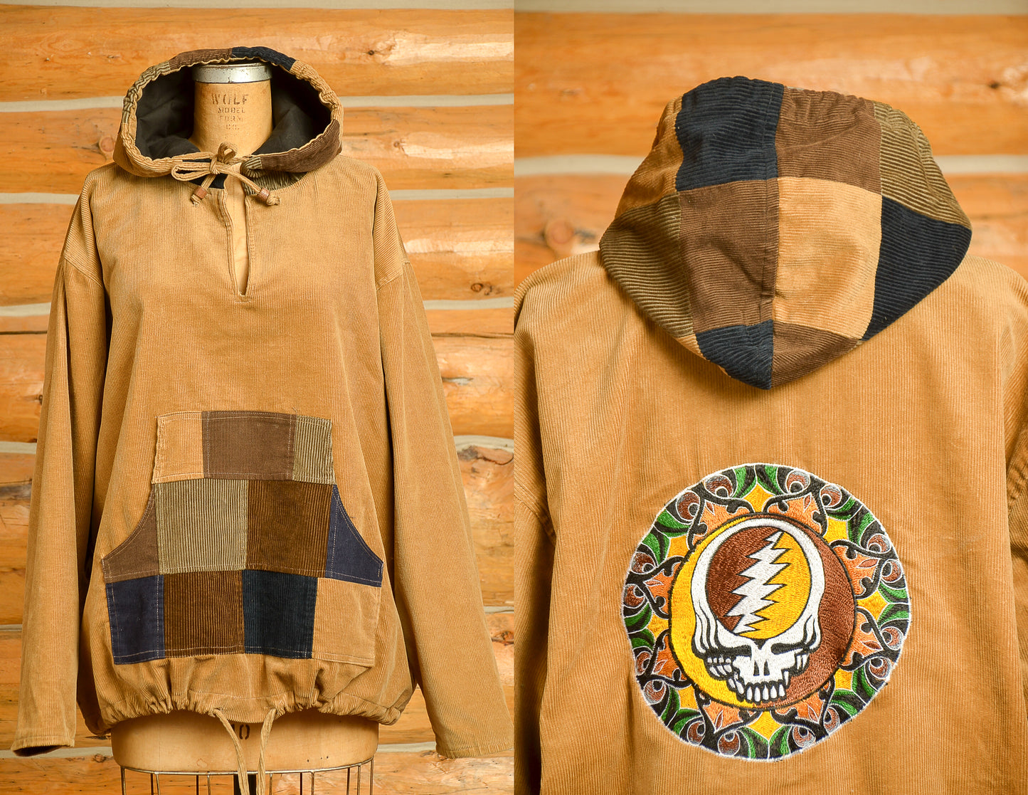 90s Grateful Dead Skull Patchwork Hippie Jacket Brown Corduroy Hooded Parka