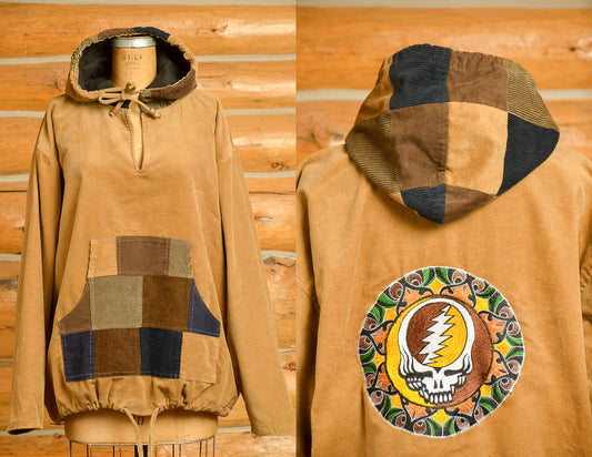 90s Grateful Dead Skull Patchwork Hippie Jacket Brown Corduroy Hooded Parka