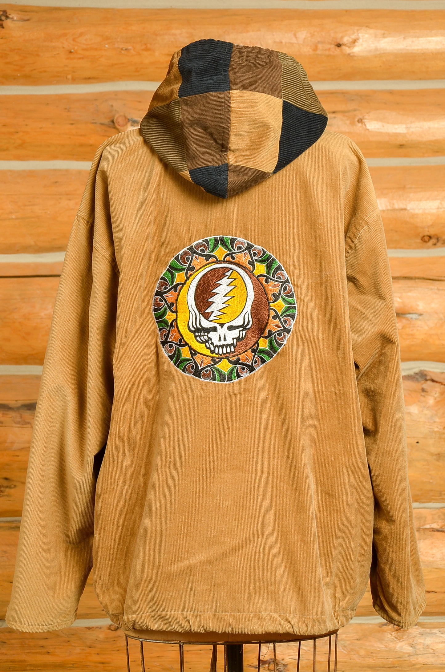 90s Grateful Dead Skull Patchwork Hippie Jacket Brown Corduroy Hooded Parka