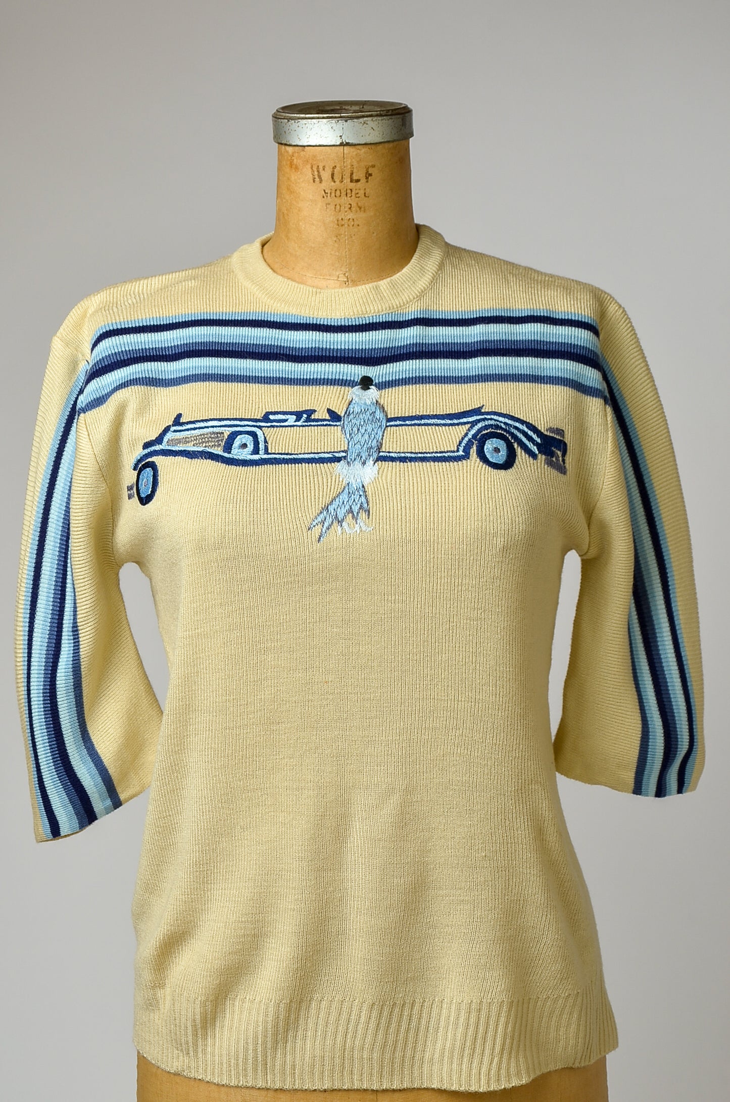 1970s Rolls-Royce Novelty Sweater 1920s Peacock Lady Knit Sweater