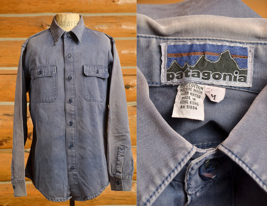 1980s Patagonia Cotton Button Down Navy Blue Long Sleeve Shirt