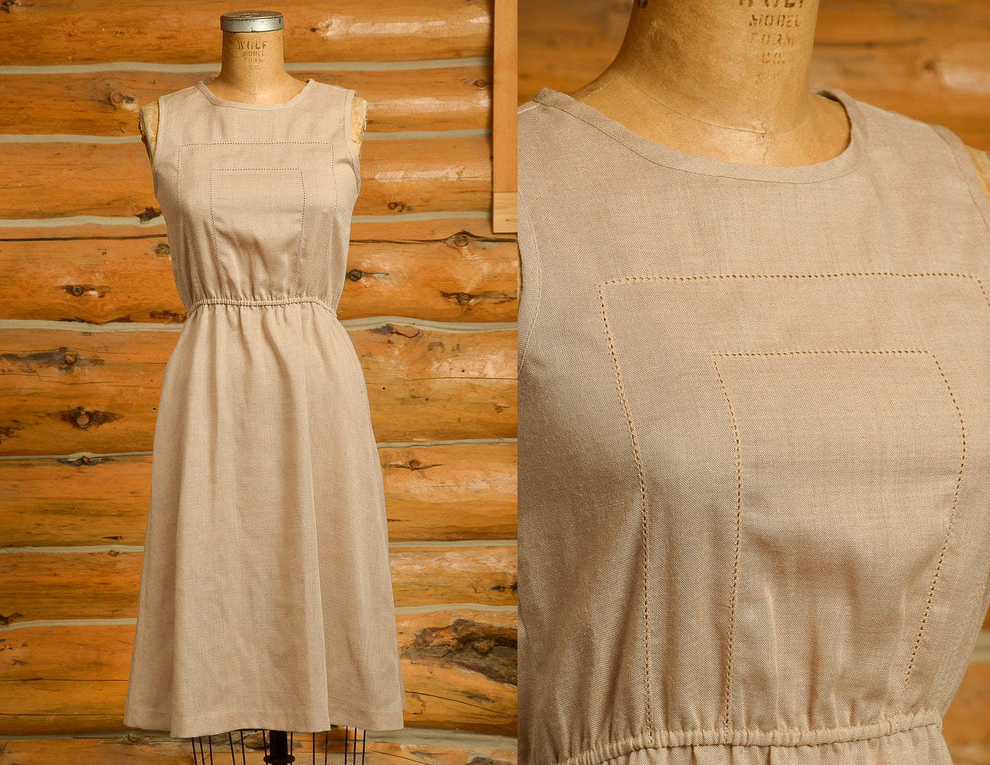 1970s Natural Linen Dress Modern Jute Tone Midi Dress