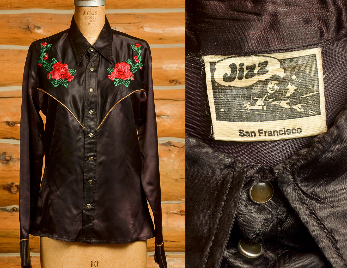 1970s Jizz San Fransisco Glam Rock Black Satin Western Rose Shirt