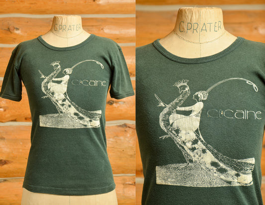 1970s Cocaine T Shirt Art Nouveau Peacock Black Drug T Shirt