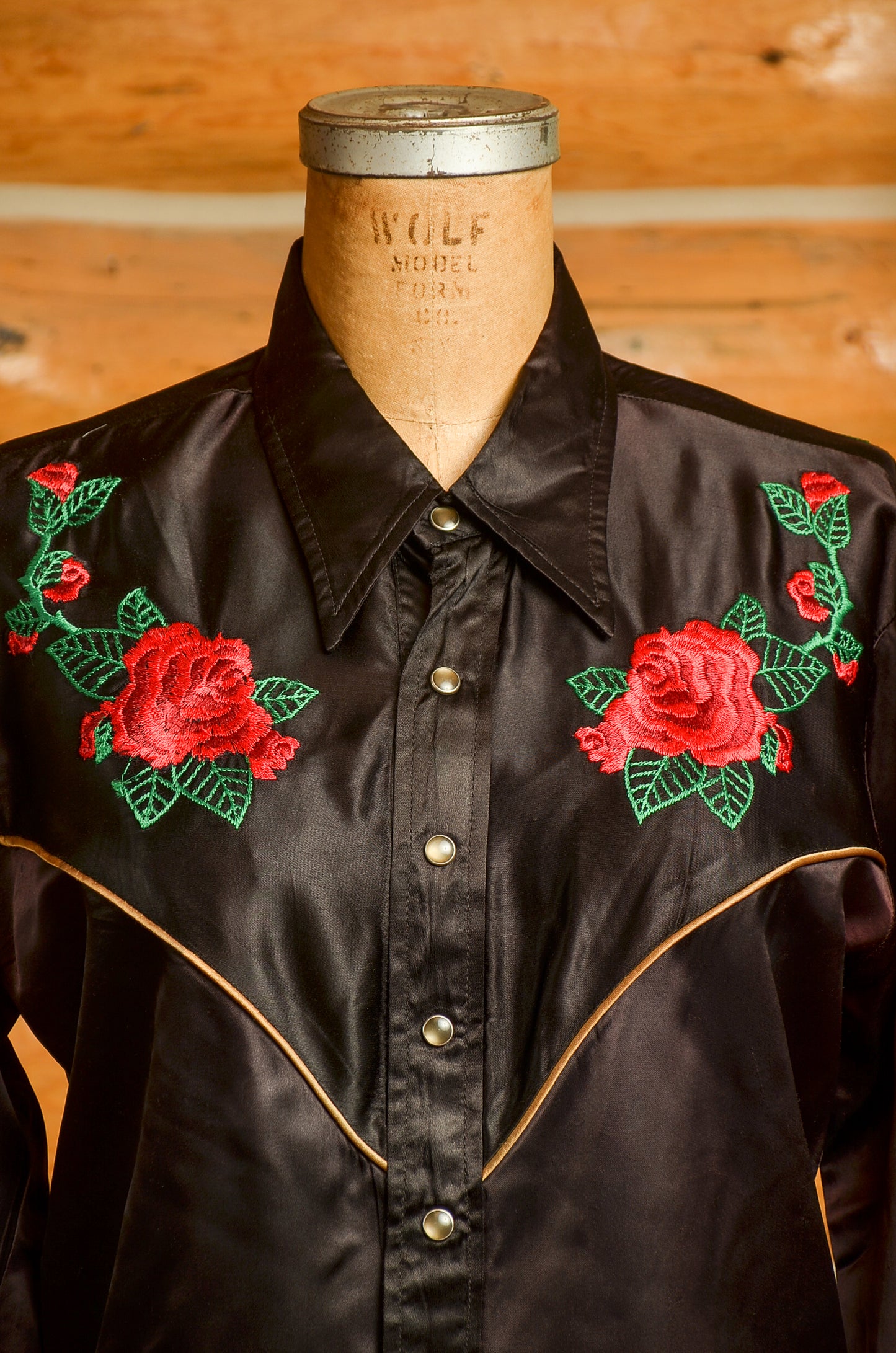 1970s Jizz San Fransisco Glam Rock Black Satin Western Rose Shirt