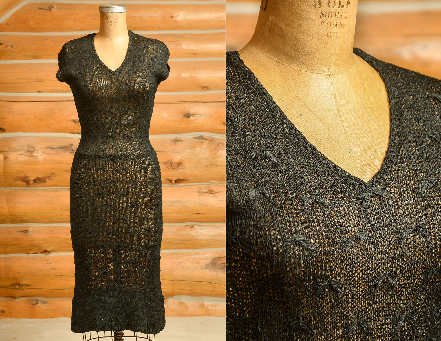 1940s Ribbon Knit Dress Full Length Hourglass Black Open Knit Dress.