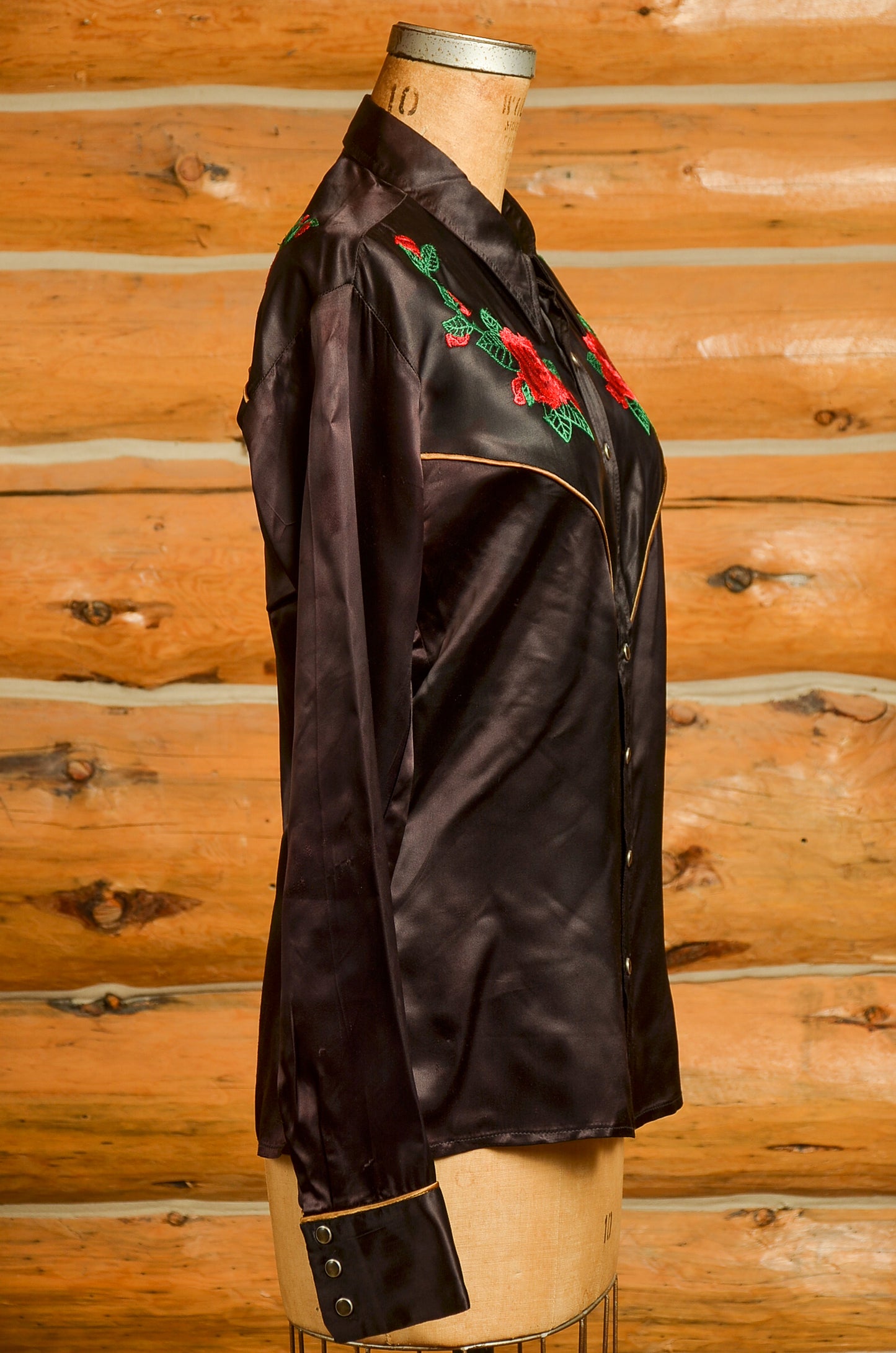 1970s Jizz San Fransisco Glam Rock Black Satin Western Rose Shirt