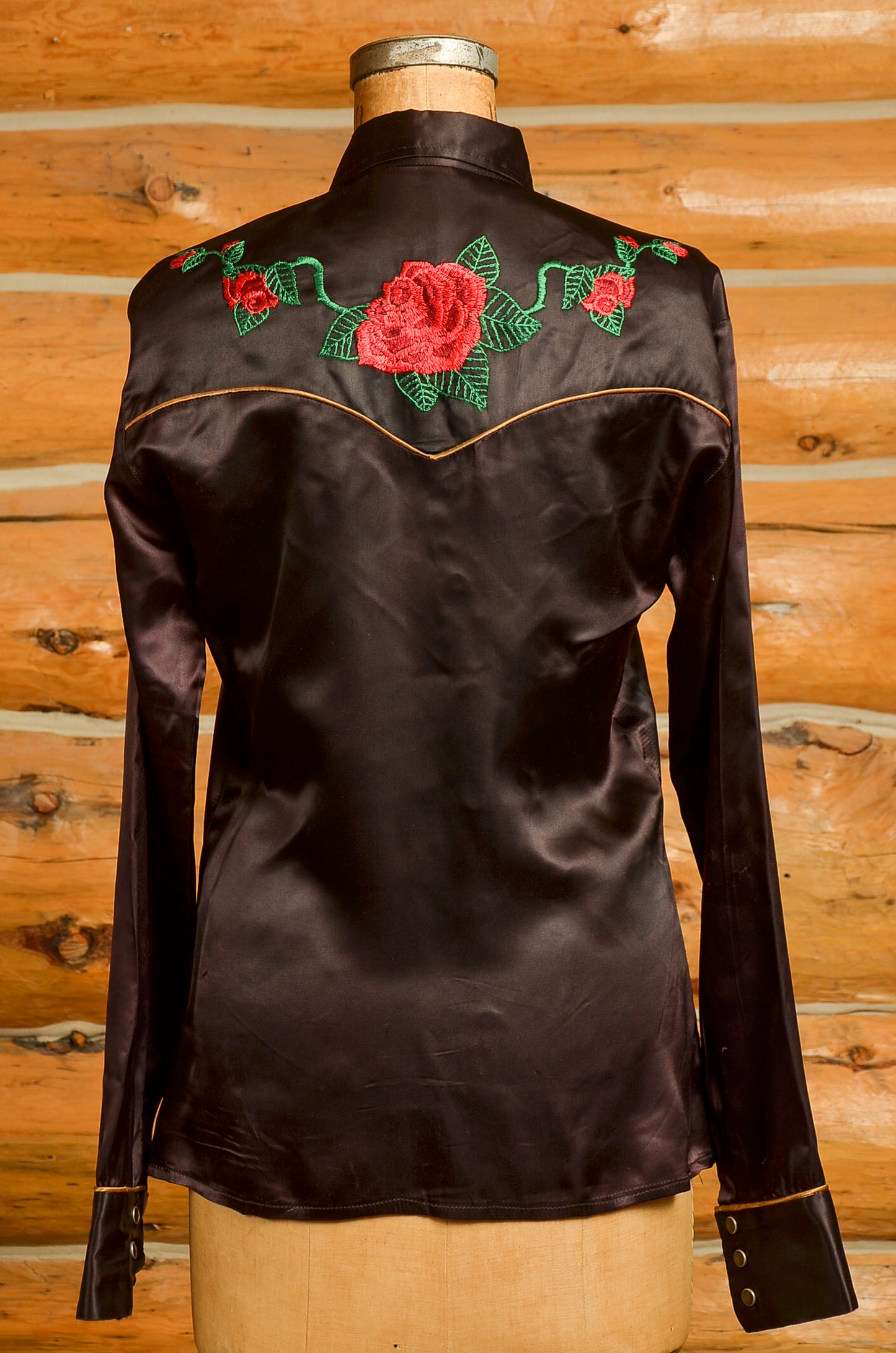 1970s Jizz San Fransisco Glam Rock Black Satin Western Rose Shirt