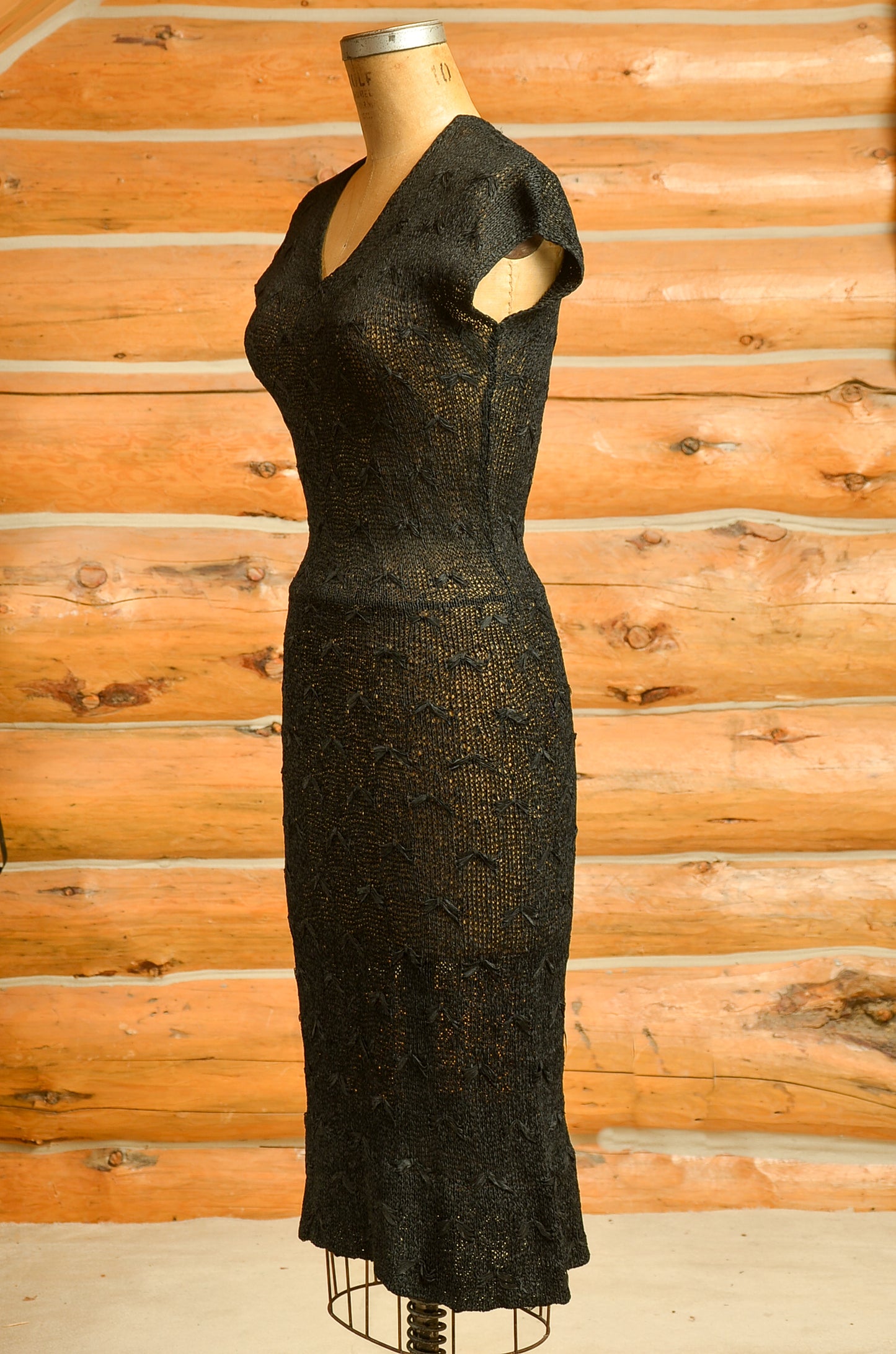 1940s Ribbon Knit Dress Full Length Hourglass Black Open Knit Dress.