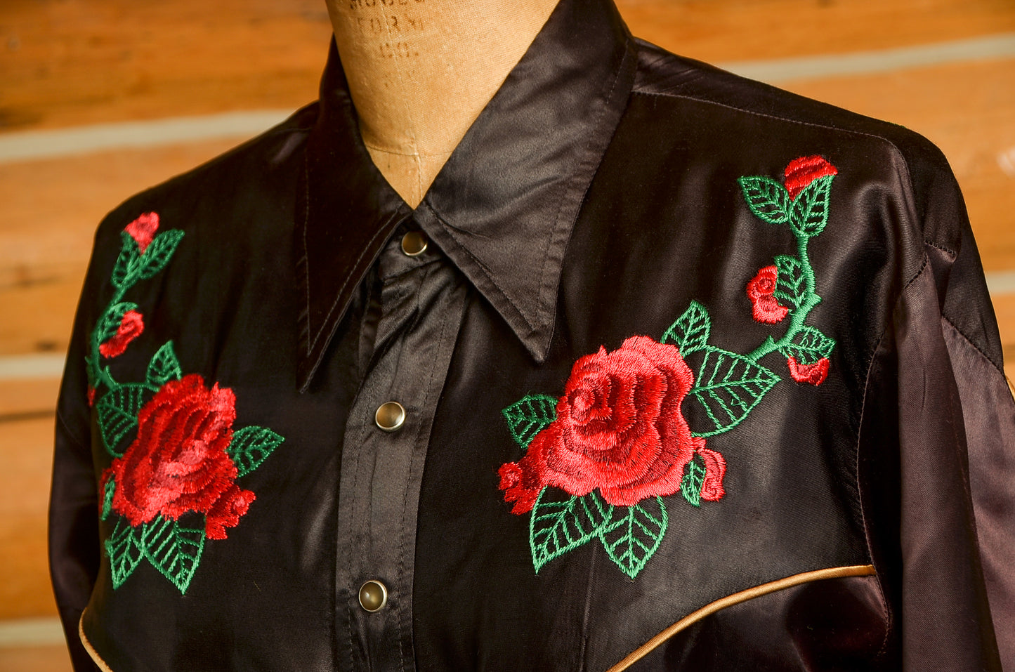 1970s Jizz San Fransisco Glam Rock Black Satin Western Rose Shirt