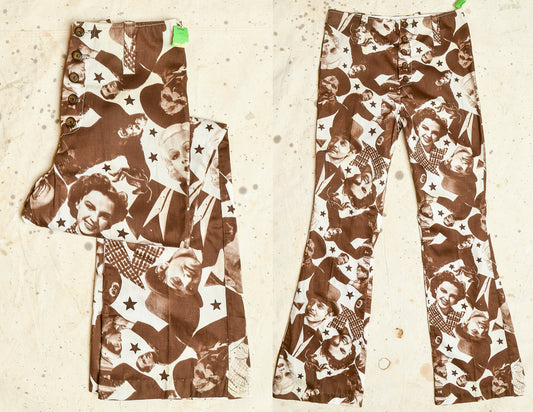 1970s Deadstock Photo Collage Pants Old Hollywood All Over Print Bell Bottoms