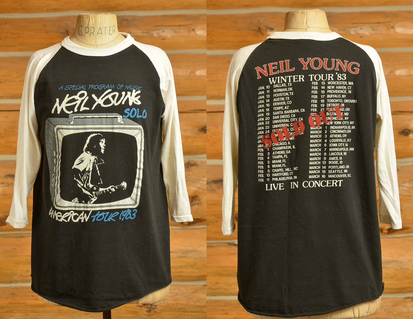 1983 Neil Young Solo Tour Front and Back Print American Tour T Shirt