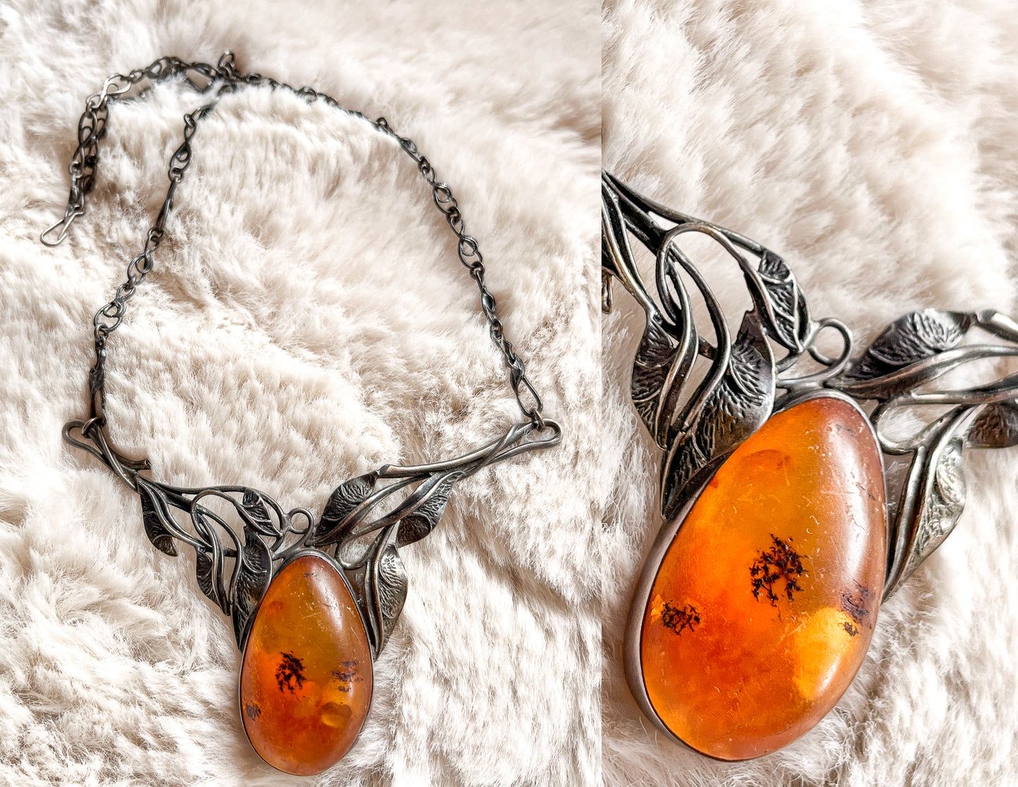 Vintage Renaissance Style Baltic Amber with Sterling Silver Bib Necklace