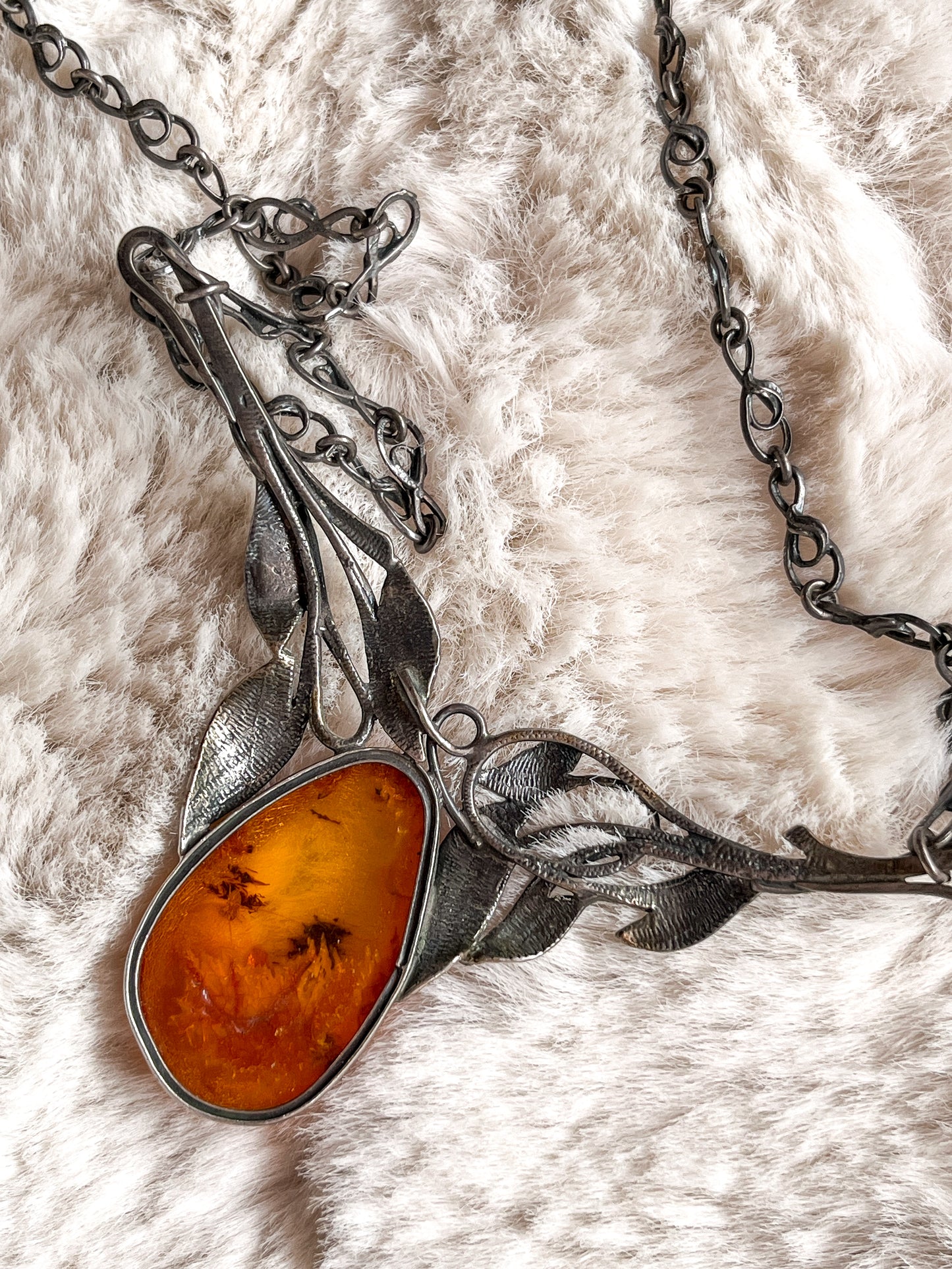 Vintage Renaissance Style Baltic Amber with Sterling Silver Bib Necklace