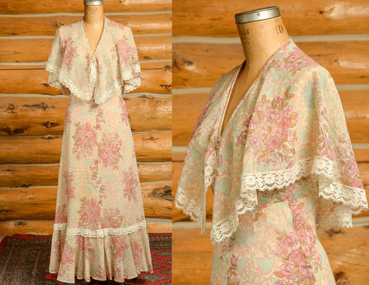 1970s Open Back Prairie Dress Wildflower Print Gunne Style Bohemian Hippie Dress