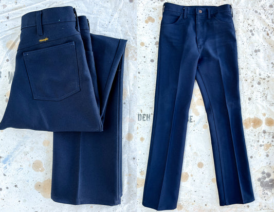 1970s Wrangler Sta Prest Navy Blue High Waist Boot Cut Pants 30 x 34