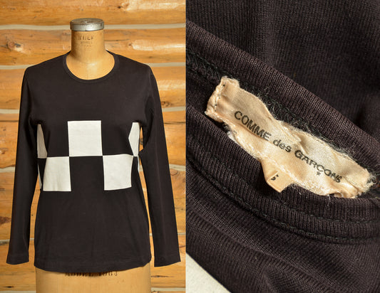 1980s Checkerboard Comme des Garcons T Shirt Avant Garde Black and White Long Sleeve T Shirt