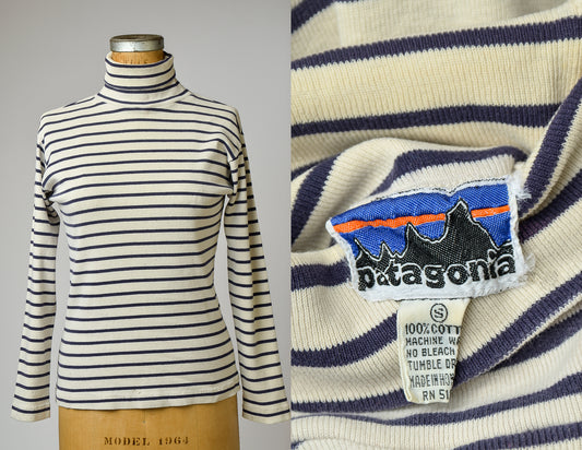 1970s Patagonia Striped Cotton Turtleneck Blue and White High Neck Shirt