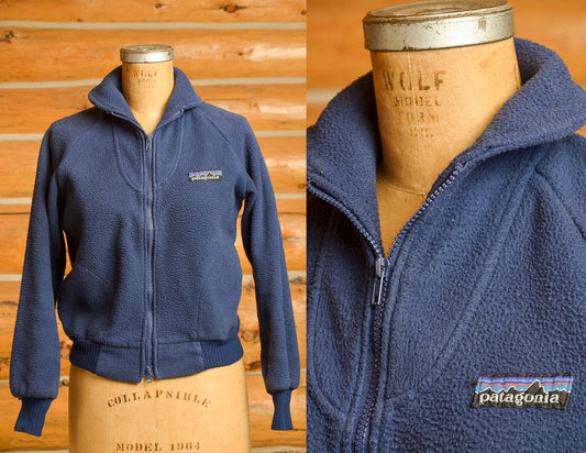 1980s Patagonia Big Label Navy Blue Fleece Zip Up Jacket