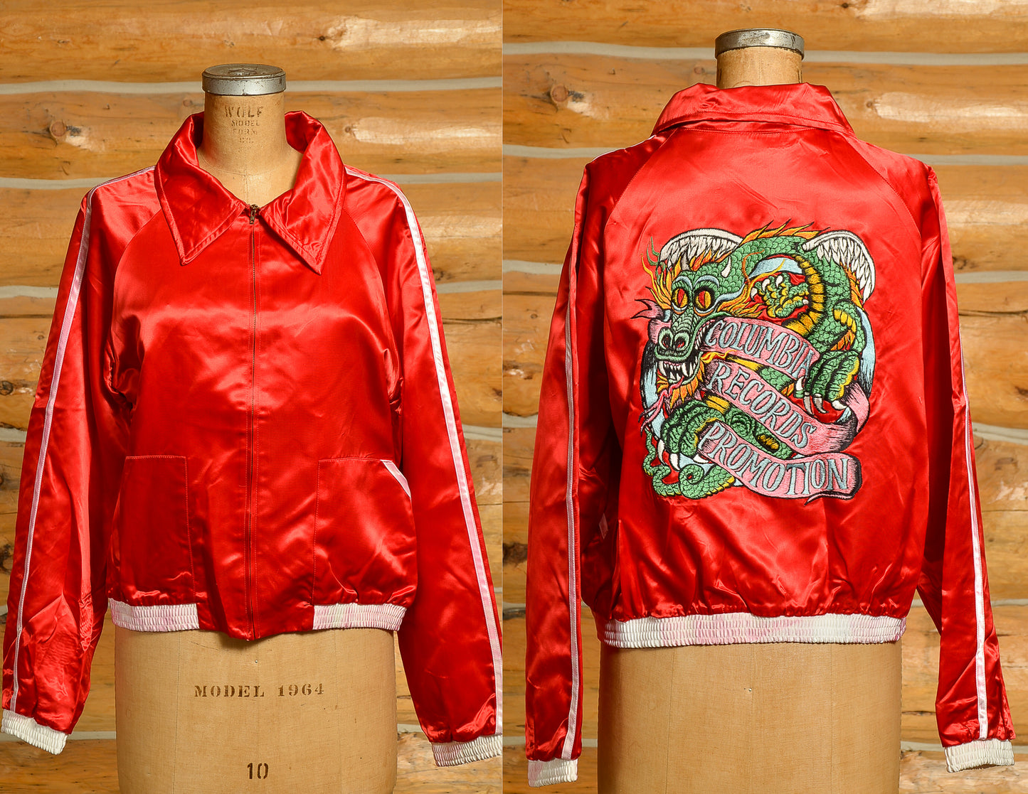 1970s Columbia Records Promotion Dragon Embroidered Red Satin Bomber Jacket