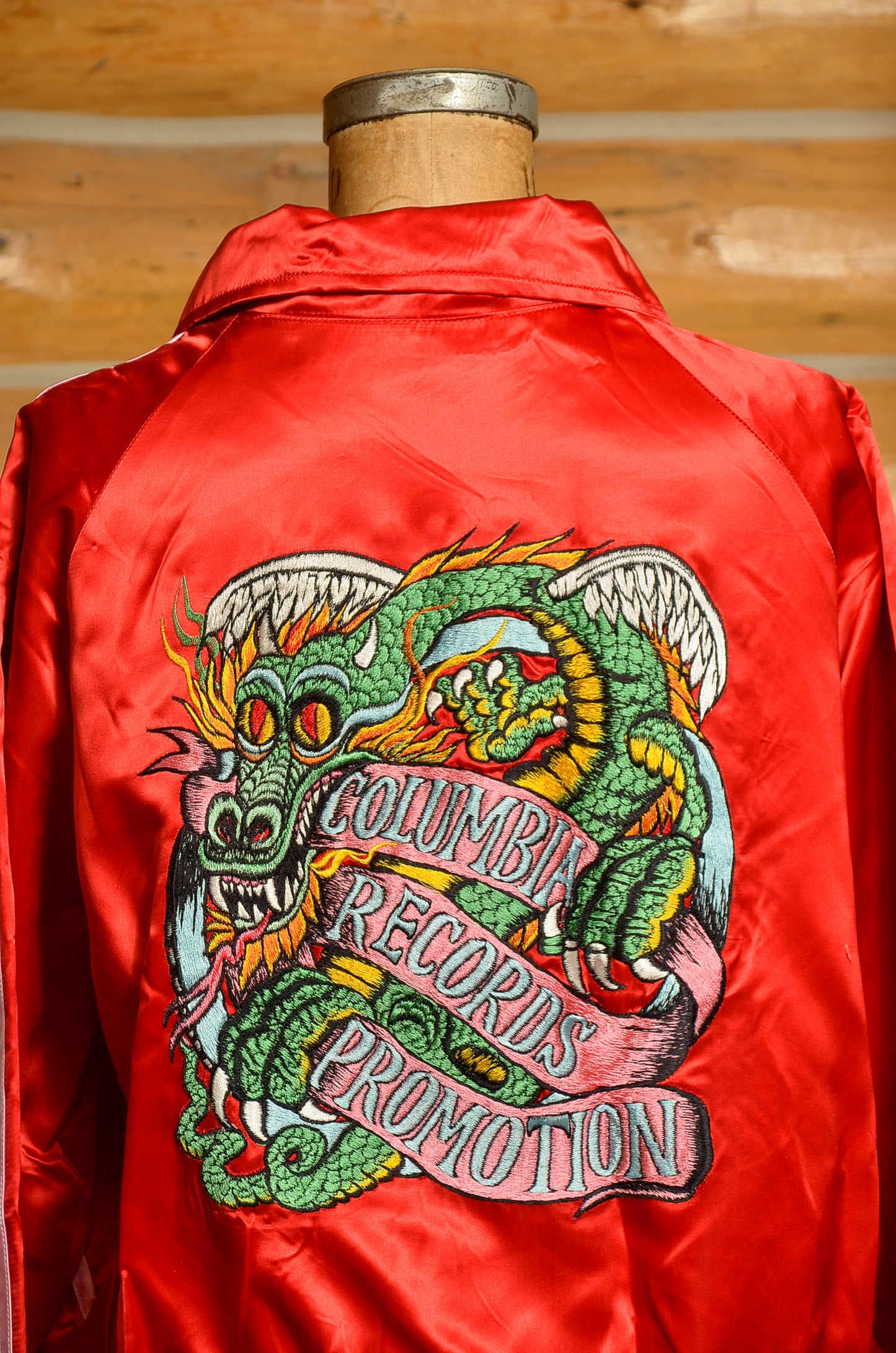 1970s Columbia Records Promotion Dragon Embroidered Red Satin Bomber Jacket