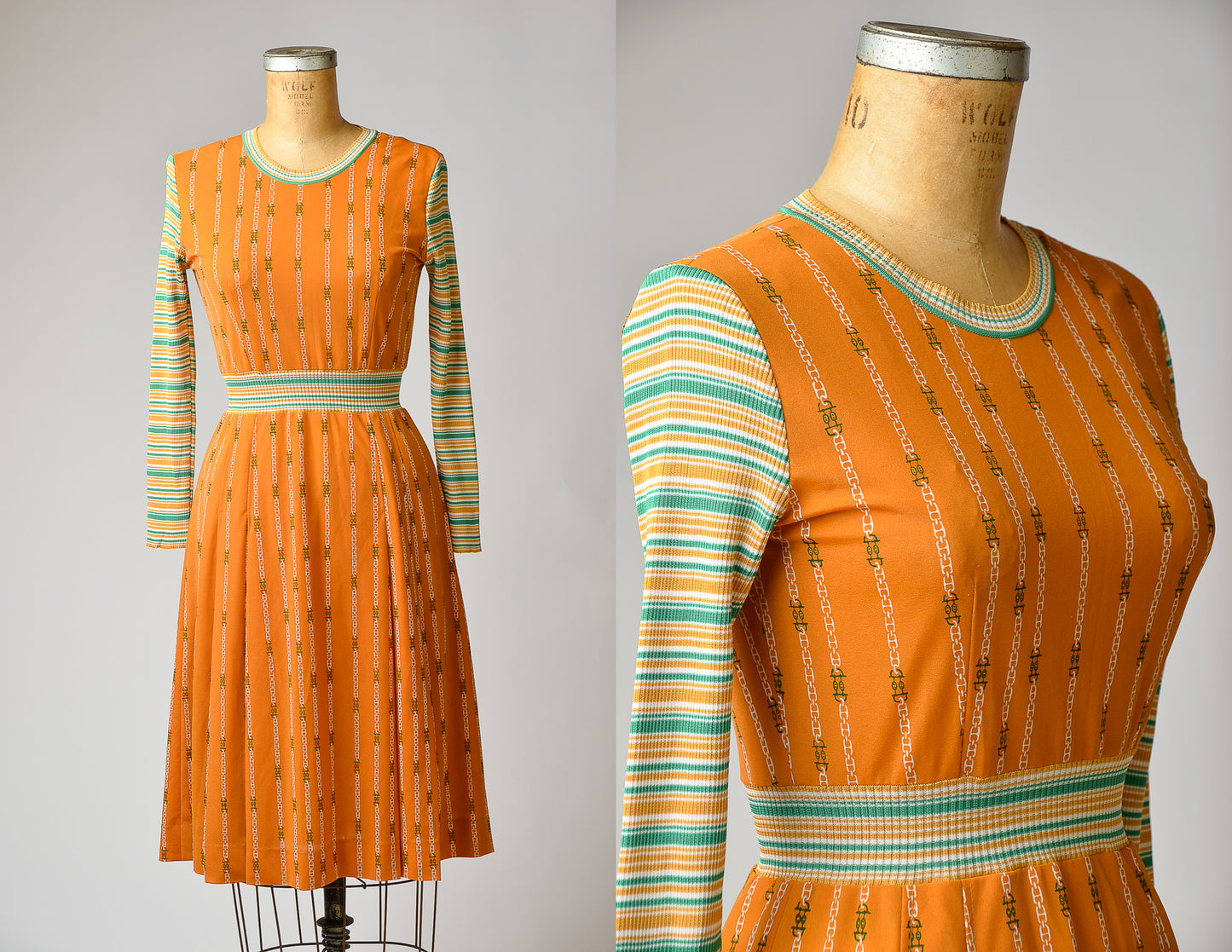 1970s Bohemian Chain Gang Color Block Disco Dress