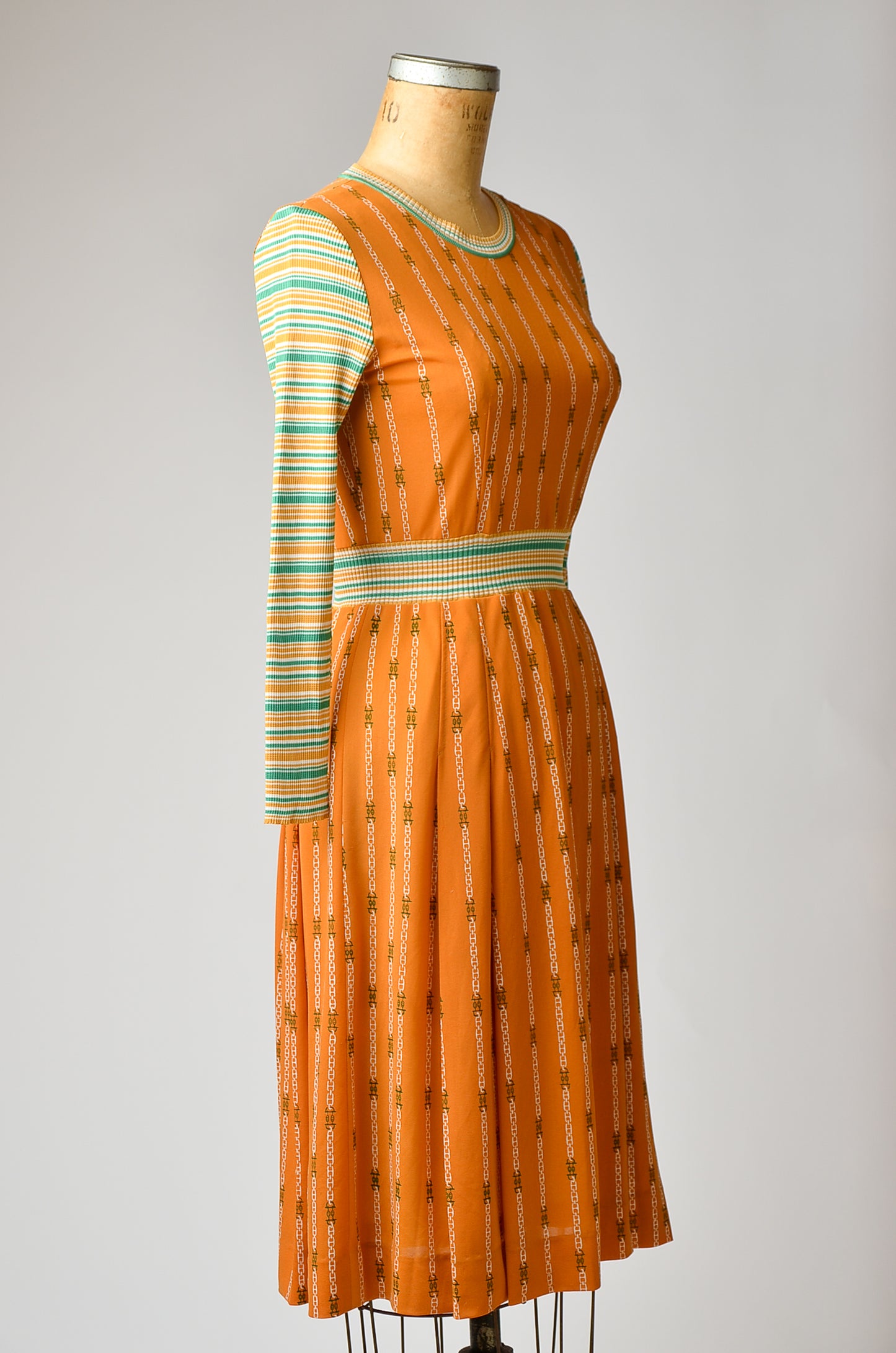 1970s Bohemian Chain Gang Color Block Disco Dress