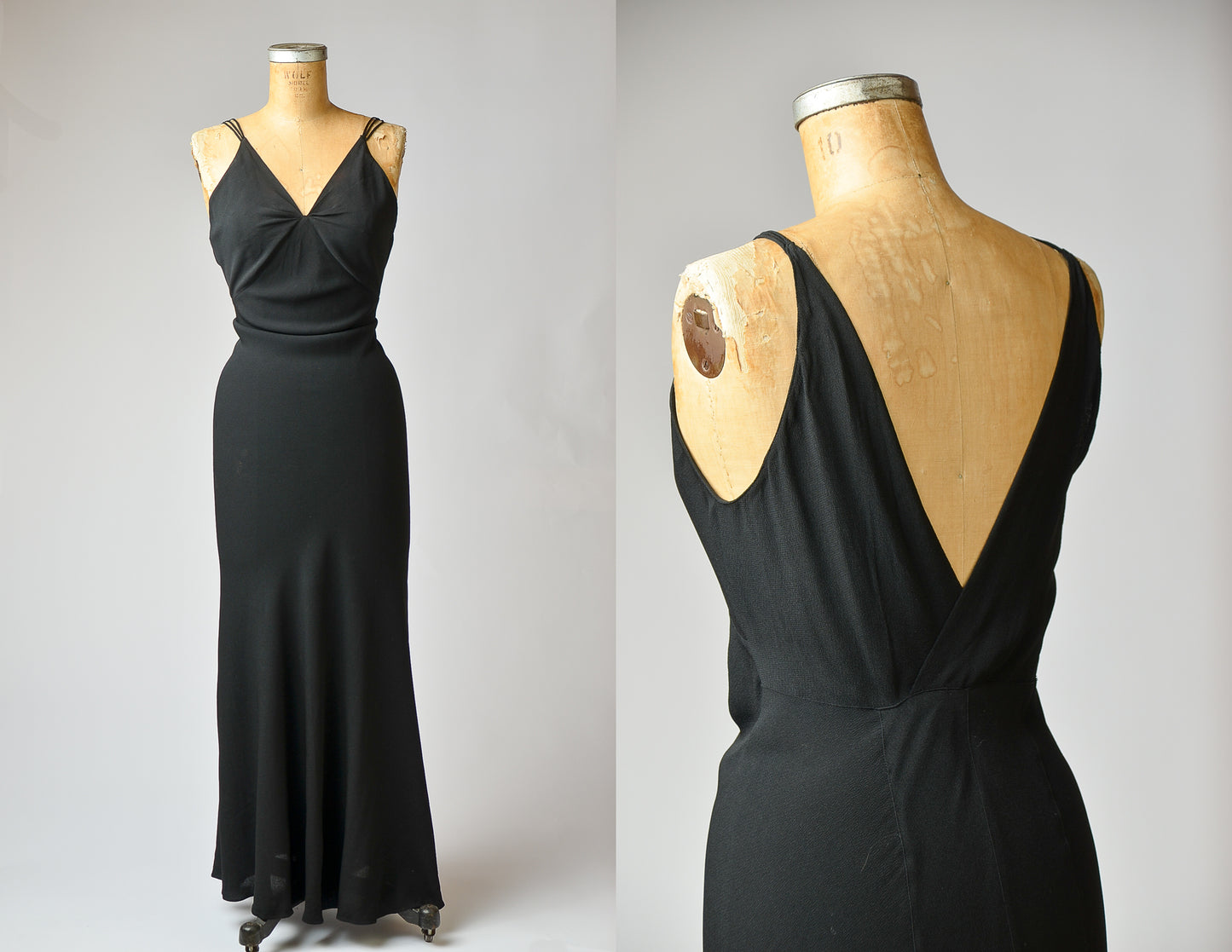 1970s Plunging Back Full Length Black Evening Dress