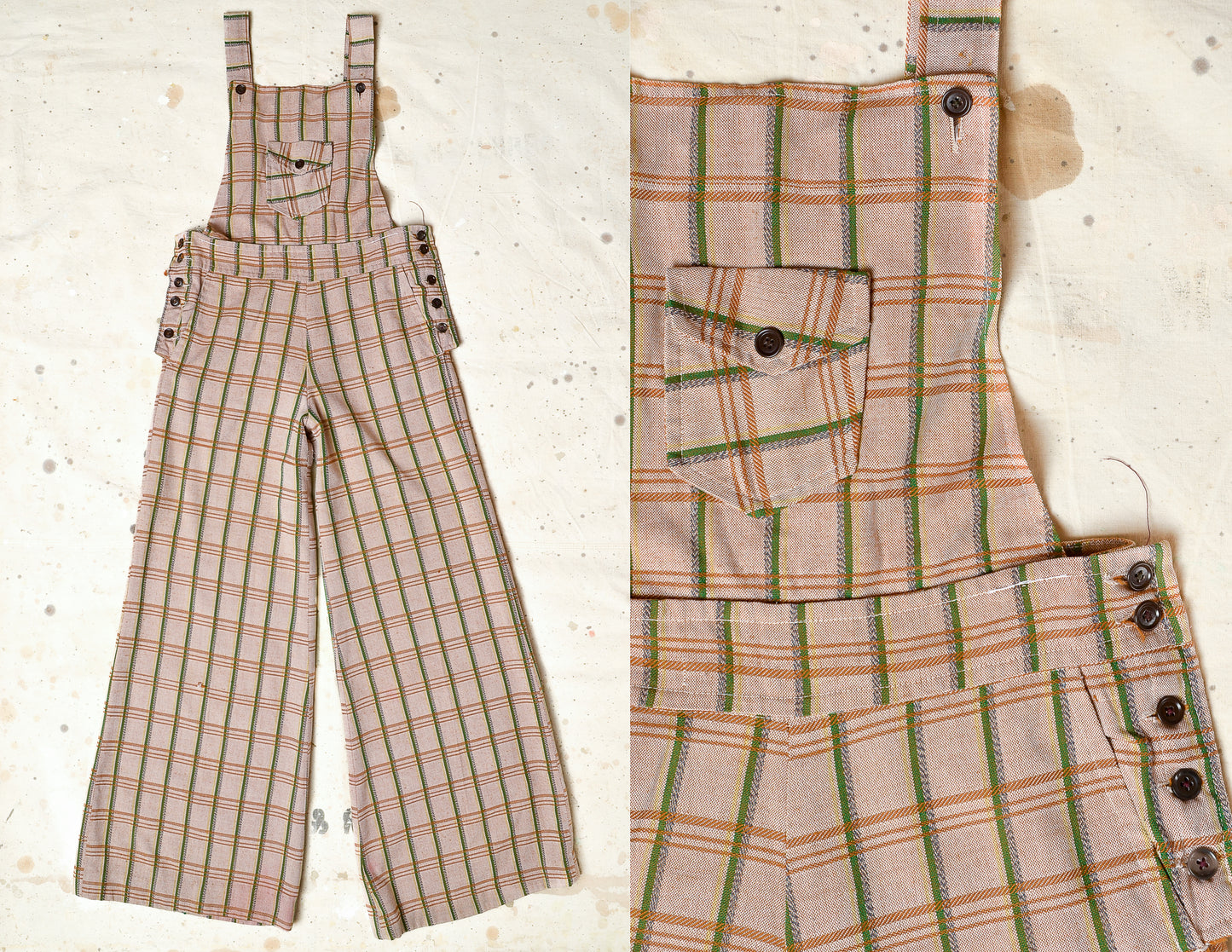 1970s Bell Bottom Overalls Hippie Plaid Bohemian Flared Jumpsuit