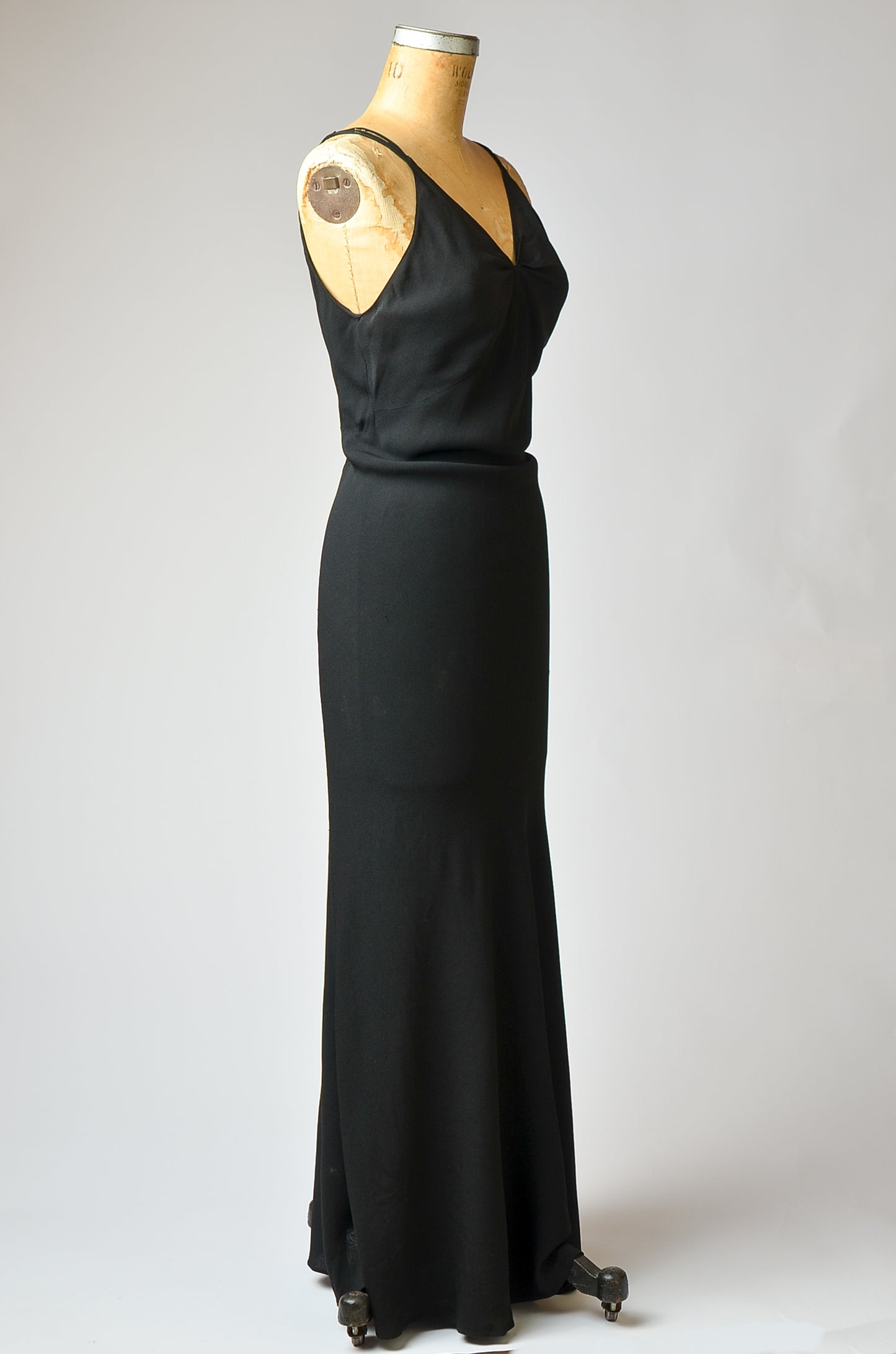 1970s Plunging Back Full Length Black Evening Dress