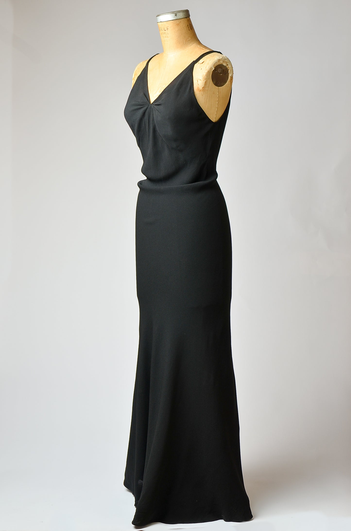 1970s Plunging Back Full Length Black Evening Dress