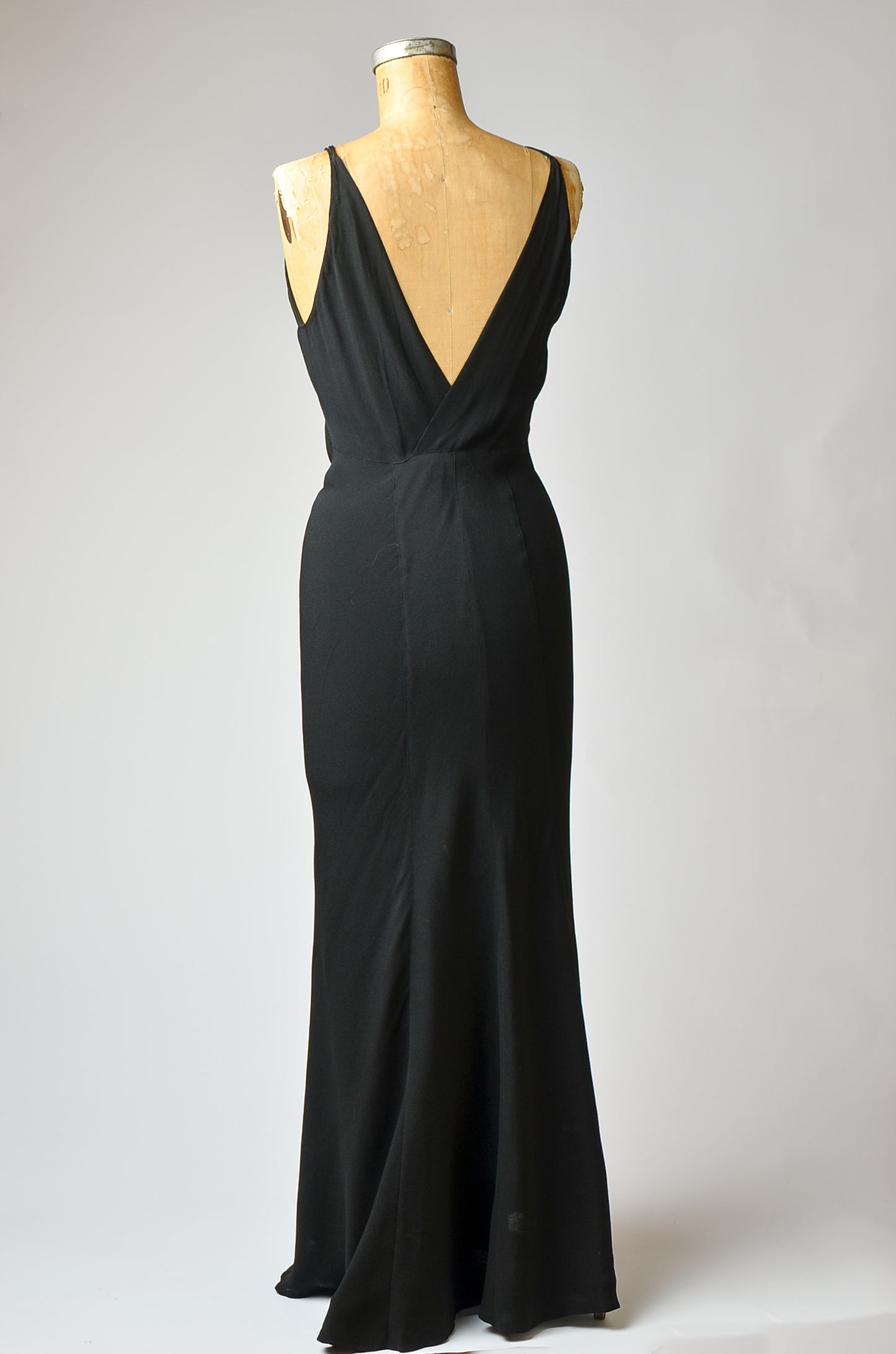 1970s Plunging Back Full Length Black Evening Dress